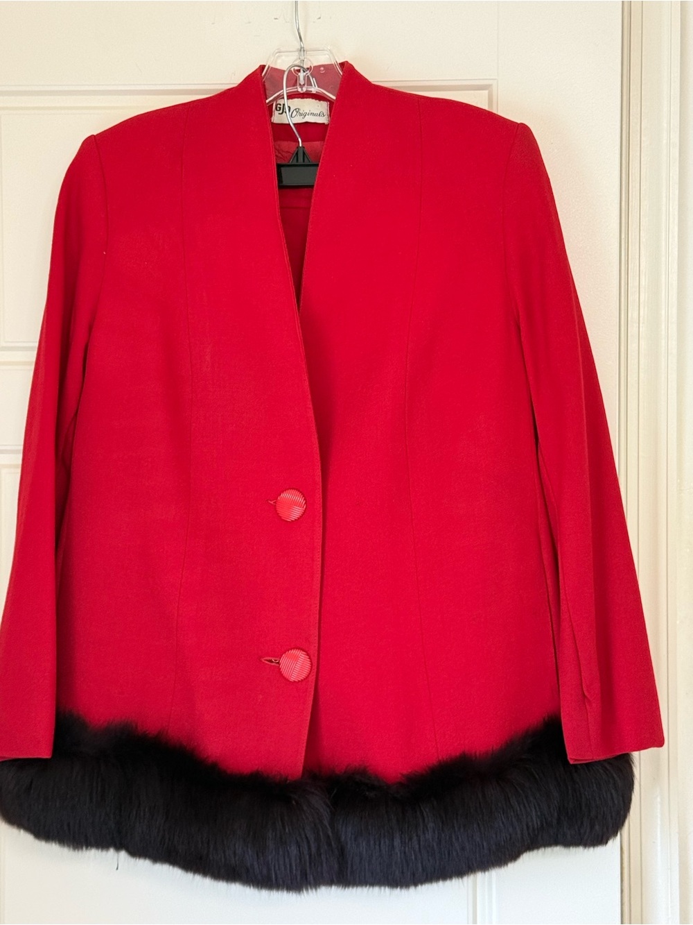 Elegant Red Blazer with Black Fur Hem